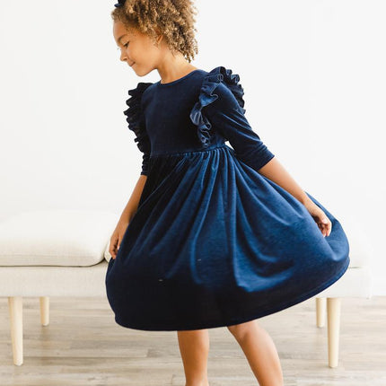 Navy Velvet Ruffle Twirl Dress