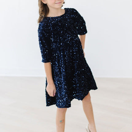 Navy Blue Velvet Sequin Dress