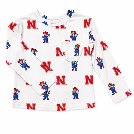 Nebraska White Herbie Husker L/S Ruffle Pocket Tee