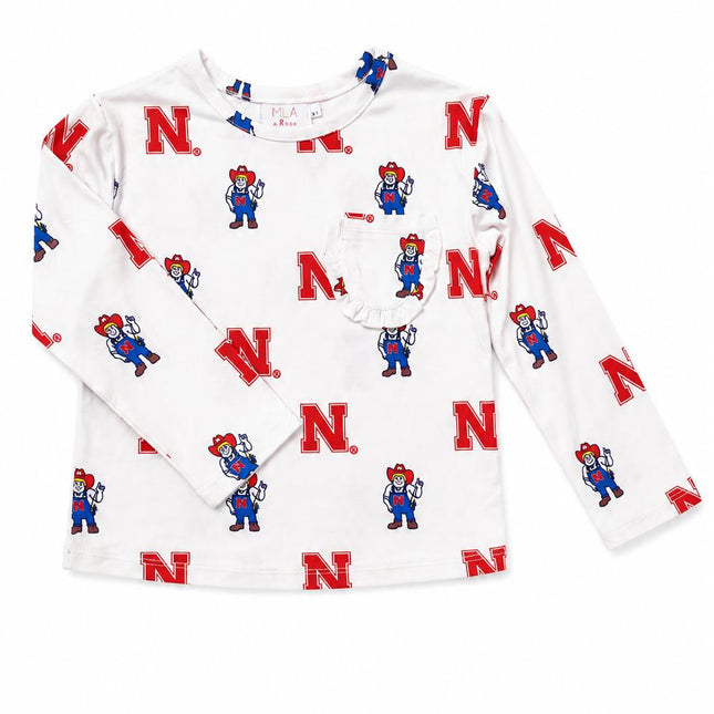 Nebraska White Herbie Husker L/S Ruffle Pocket Tee - Dashing Nova