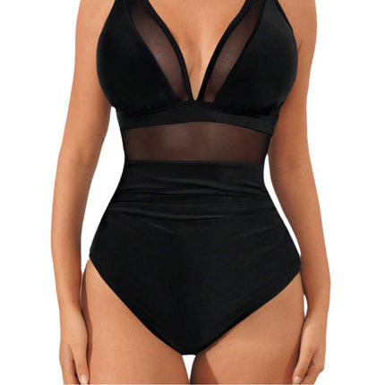 2026 Bikini solid color mesh halter sexy bikini one-piece swimsuit swimsuit