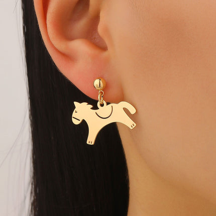 Minimalist Metal Pony Pendant Stud Earrings Vintage Elegant Luxury Zodiac Jewelry