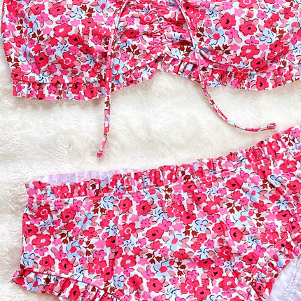 Bikini split swimsuit flower print pleated lace tube top triangular bikini