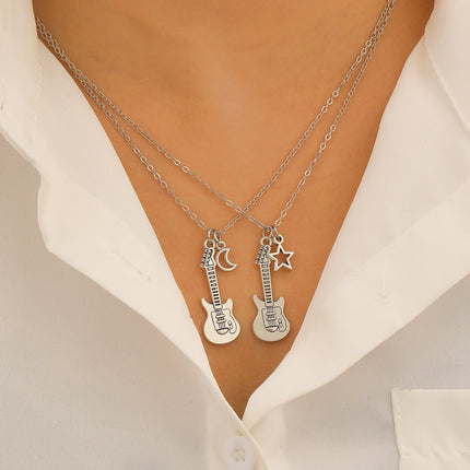 Fashion Guitar Music Instrument Necklace & Earrings Women Hip Hop Moon Star Pendant