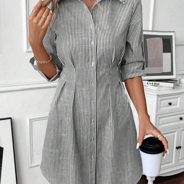 Spring and Autumn Striped Casual Temperament Elegant Lapel Waist Long Sleeve Blouse Skirt