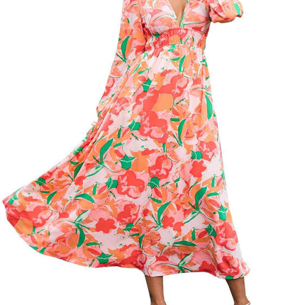 Bohemian female Long Lantern Sleeves Dress-Boho deep V printing high waist casual dress for women