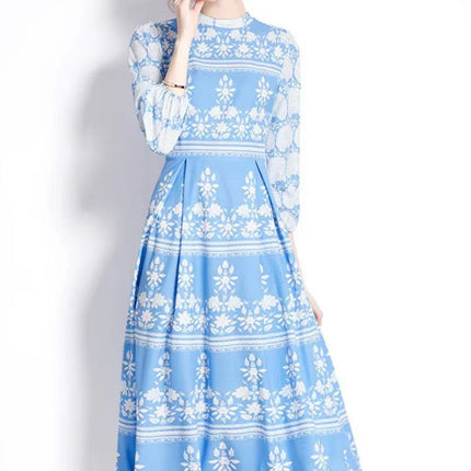 Vintage Blue Willow Print Mandarin Collar Dress - Lantern Sleeve Court Tie-Waist Flared Maxi Gown