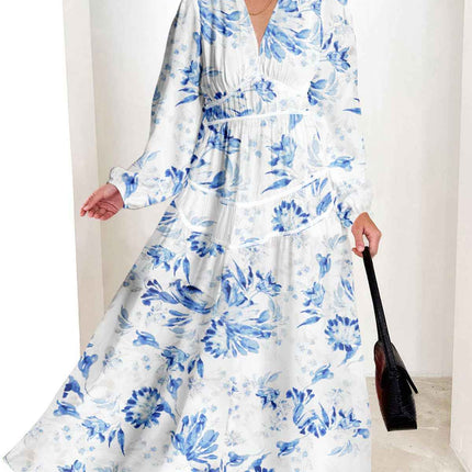 Bohemian female Long Lantern Sleeves Dress-Boho deep V printing high waist casual dress for women