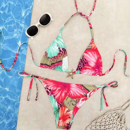 Lace-up Printed Bikini High-end Two-piece Swimsuit Set for Women