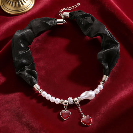 Black Ribbon Necklace Irregular Baroque Pearl Tassel Heart Pendant Choker Set