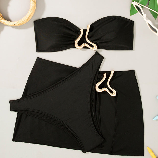 Swimsuit solid color three-piece swimsuit gold musical symbol accessories bikini bikini