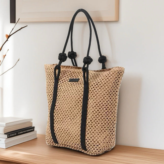 Hollow-Out Paper Rope Woven Tote – Large Straw Shoulder Bag, Commuter Beach Portable Purse