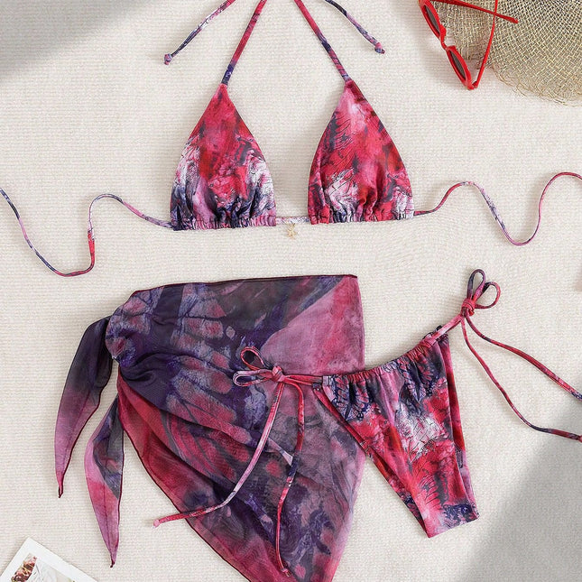 Apron Three Piece Bikini Vintage Print Tie Swimsuit Women's Swimwear