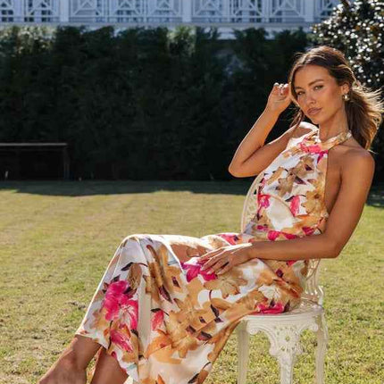 Summer Satin Dress Elegant Sleeveless Mock Neck Cocktail Party Maxi Dresses Sexy Halter Neck Floral Print Slim Casual dress