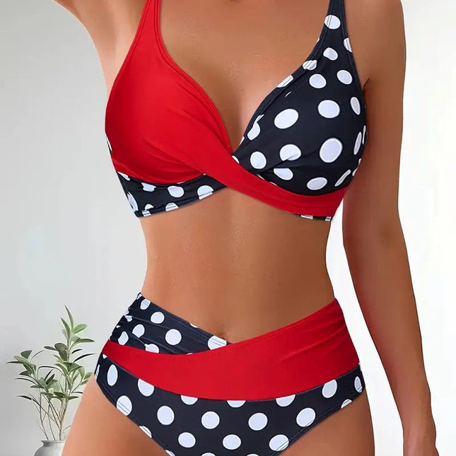 Printed Color Block Polka Dot Crisscross Backless Sexy Two Piece Swimsuit Bikini for Women