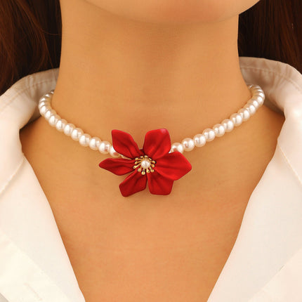 Fashion Luxury Faux Pearl Flower Jewelry Set Necklace Bracelet Ring Earrings