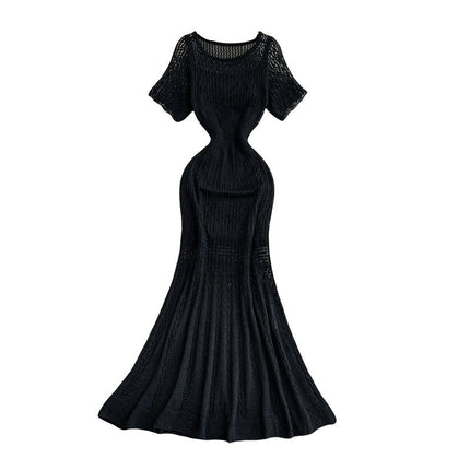 Vintage Hollow-Out Knit Dress – Women's Summer Elegant Tie-Waist A-Line Midi, Fishtail Slim-Fit Gown