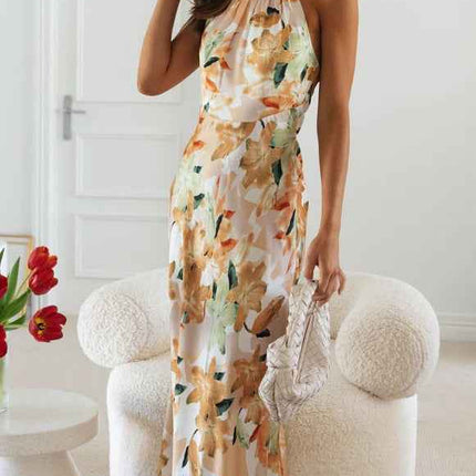 Summer Satin Dress Elegant Sleeveless Mock Neck Cocktail Party Maxi Dresses Sexy Halter Neck Floral Print Slim Casual dress