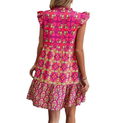 V-Neck Strap Flower Dress Cap Sleeve Printed Vacation Dress