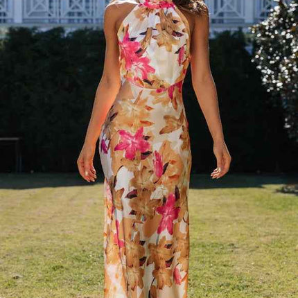 Summer Satin Dress Elegant Sleeveless Mock Neck Cocktail Party Maxi Dresses Sexy Halter Neck Floral Print Slim Casual dress