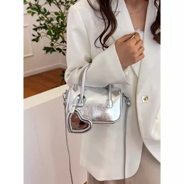 Mini tote handbag silver, women's summer shoulder crossbody bag, versatile love small square bag, mini top handle purse - Dashing Nova