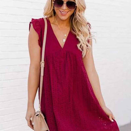 Lace jacquard hollowed V-neck dress