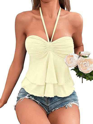 Sexy Lace Up Cross Sling Off-Shoulder Halter Pleated Ruffle Edge Solid Color Tube Top Drawstring Bust Tie Backless Halter Top