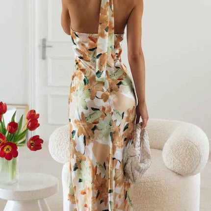 Summer Satin Dress Elegant Sleeveless Mock Neck Cocktail Party Maxi Dresses Sexy Halter Neck Floral Print Slim Casual dress