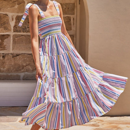 Sleeveless Floral Print Long Suspender Dress - Spice Girl Inspired A-Line Sundress for Tea Party & Casual Wear