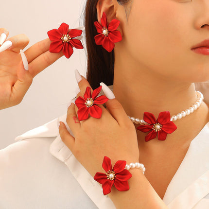 Fashion Luxury Faux Pearl Flower Jewelry Set Necklace Bracelet Ring Earrings