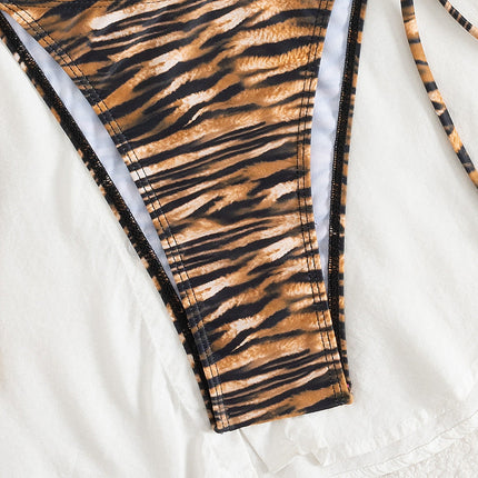 Sexy Animal Print Leopard Bikini Swimsuit with Halter Neck and Beads