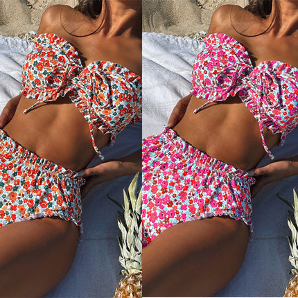 Bikini split swimsuit flower print pleated lace tube top triangular bikini