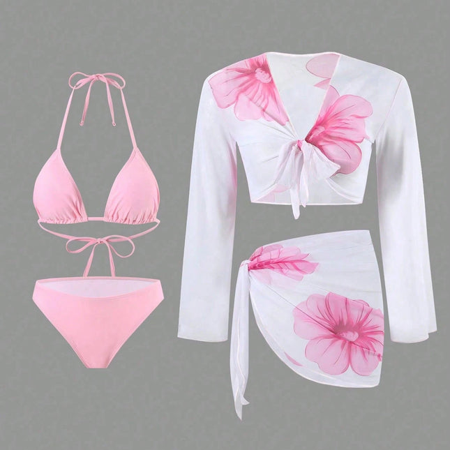 Long Sleeve Apron Women's Swimsuit Printed Bikini 4