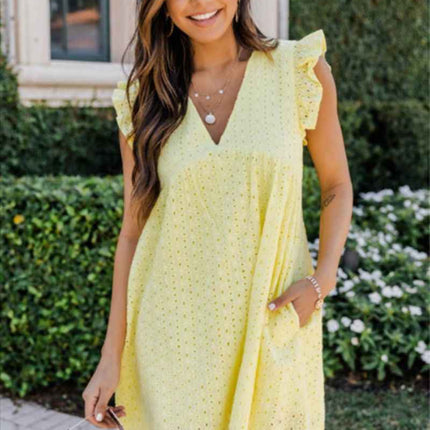 Lace jacquard hollowed V-neck dress