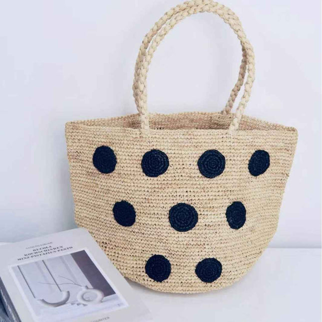Raffia Black Polka Dot Embroidered Bag – Woven Shoulder Strap Large Summer Bucket Purse