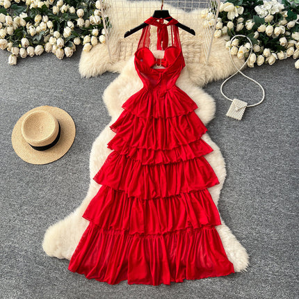 Red Halter Sleeveless Mesh Dress – V-Neck Tie-Waist Tiered Cake Maxi, Summer Vacation Statement Gown