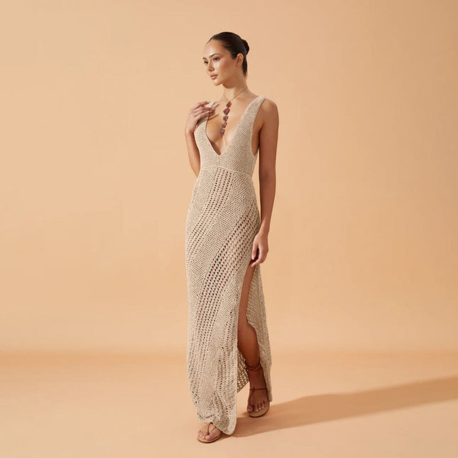 Women¡¯s Solid Color Sexy Knitted Beach Cover-Up Dress ¨C Bikini Swimsuit Bodycon Maxi Dress