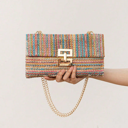 Bag ladies holiday shoulder bag, chain flip lock square purse, straw bag hobo shoulder bag women