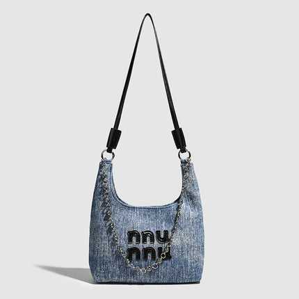Simple retro small bucket bag, Versatile denim shoulder bag, Chain bag Crossbody bag, slouch hobo purse