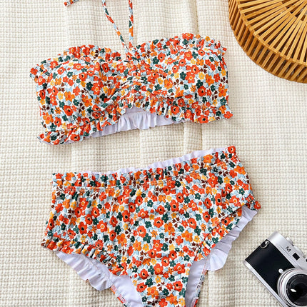 Bikini split swimsuit flower print pleated lace tube top triangular bikini
