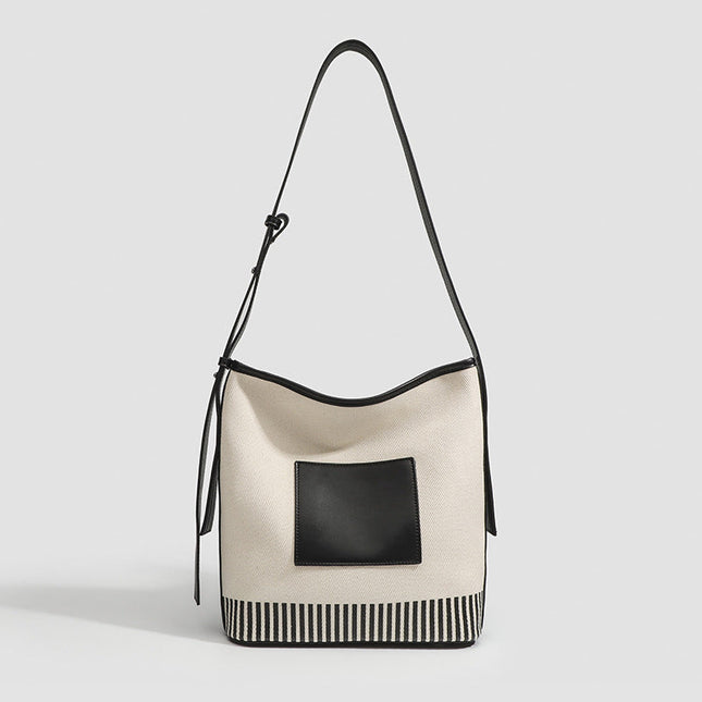 Canvas Splicing Large Capacity Bucket Bag, Wide Shoulder Strap Fashion hobo bag for women, Versatile Striped Shoulder Bag - Dashing Nova