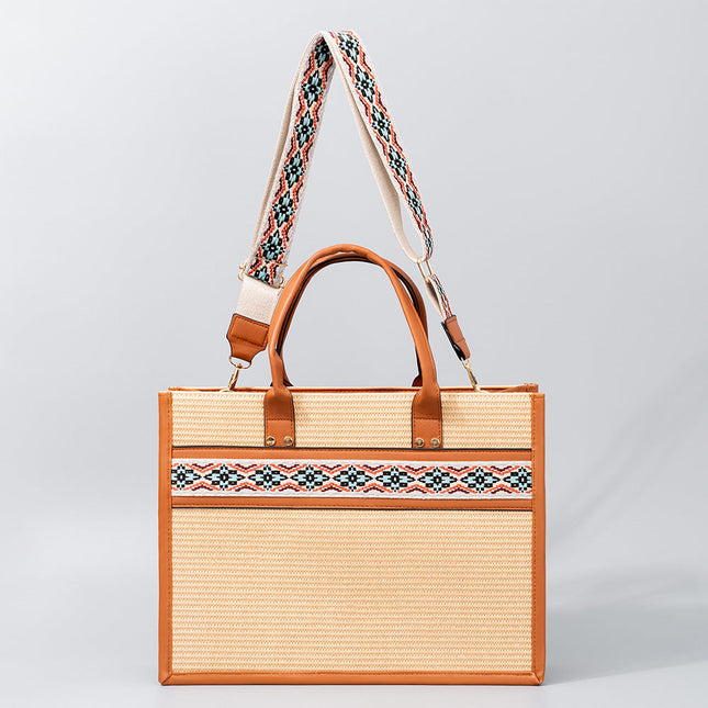 Straw tote bag, seaside vacation tote bag, large capacity beach bag, handbag contrasting color crossbody shoulder bag women with guitar belt - Dashing Nova