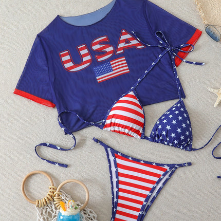Women's Short Sleeve Slim Fit Two-Piece Swimsuit with Positioning Print Sexy Bikini Three-Piece Set