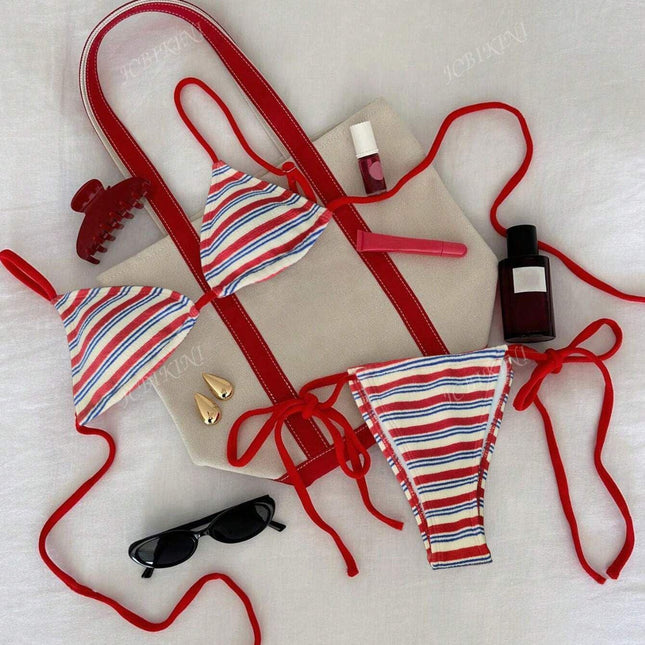 Special Fabric Striped Low Waist Bikini Sexy Two Piece Swimwear for Women