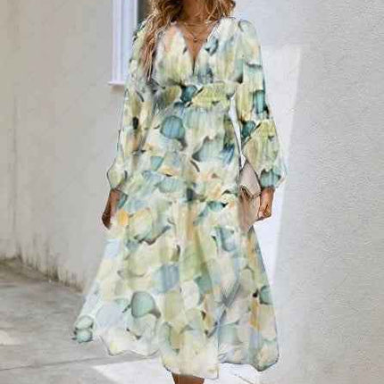 Bohemian female Long Lantern Sleeves Dress-Boho deep V printing high waist casual dress for women