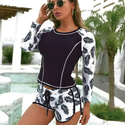 Women's Sun Protection Diving Suit Printed Boxer Long Sleeve Swimsuit UV Protection Swimwear
