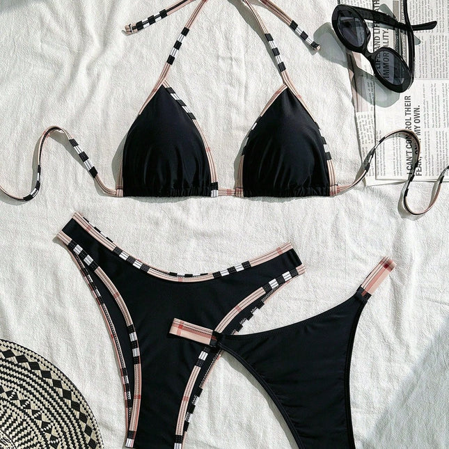 Plaid Trim Black Bikini Three Piece Swimsuit Separate Set Bikini Swimsuit Three Piece