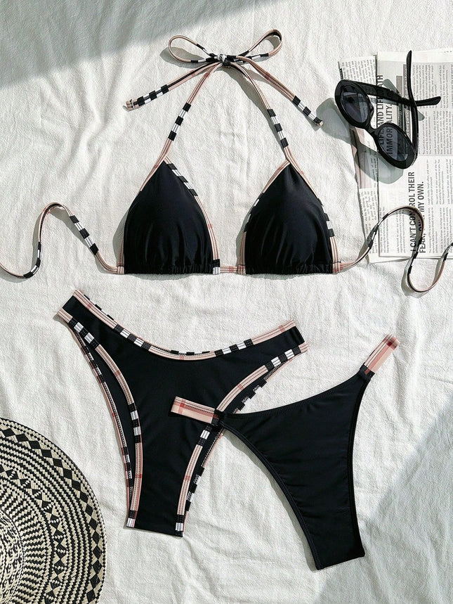 Plaid Trim Black Bikini Three Piece Swimsuit Separate Set Bikini Swimsuit Three Piece