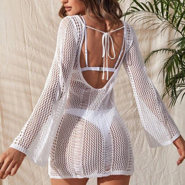 Crochet Hollow-Out Long Sleeve Backless Beach Dress ¨C Sexy Bikini Cover-Up, Knit Vacation Kimono