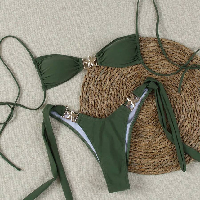 Popular Solid Color Bikini Two-Piece Swimsuit with Tie Back Sexy Design and Accessories High-End